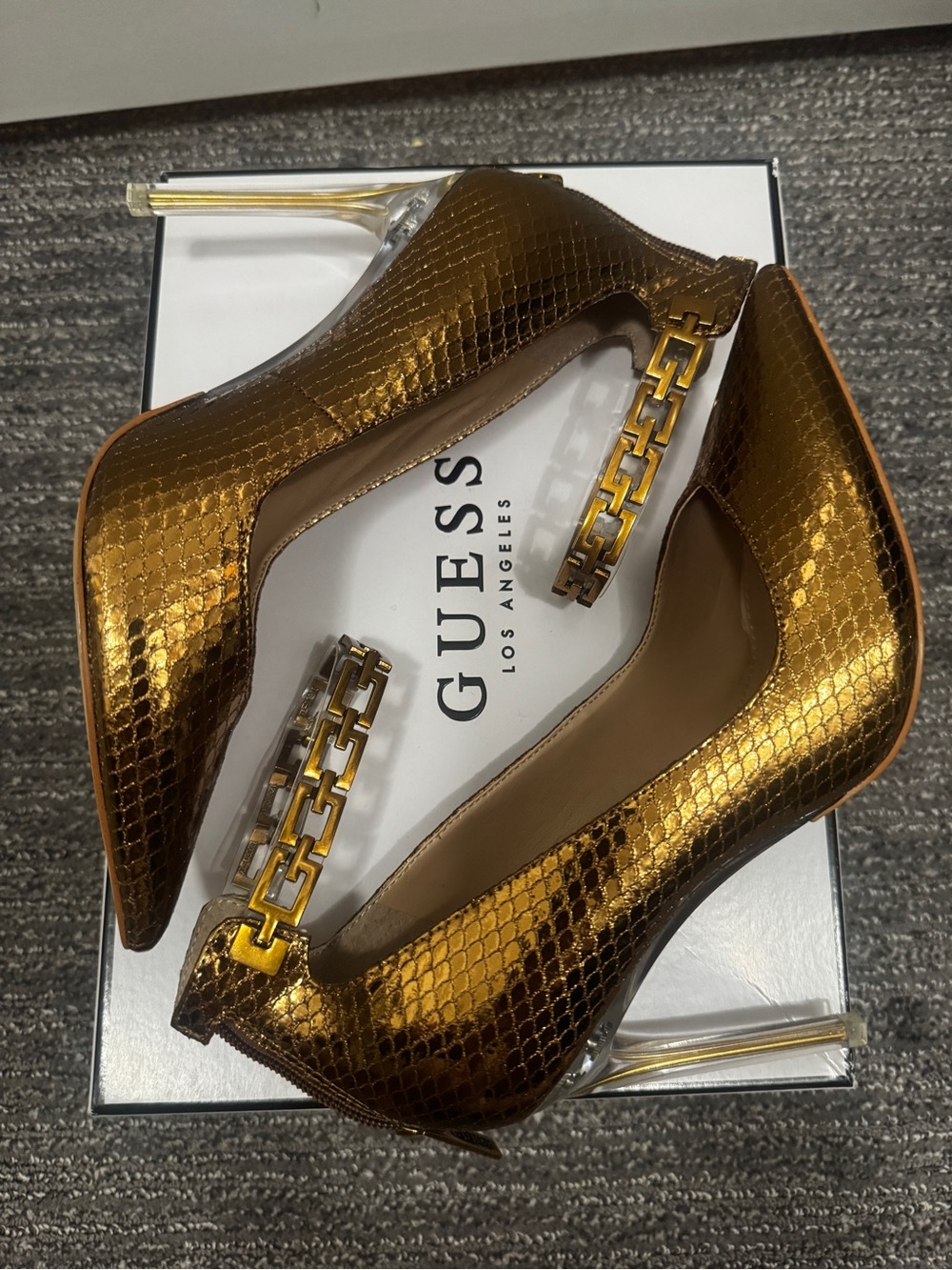 Guess Metallic Gold Snakeskin Pointed Toe Ankle Strap Pumps